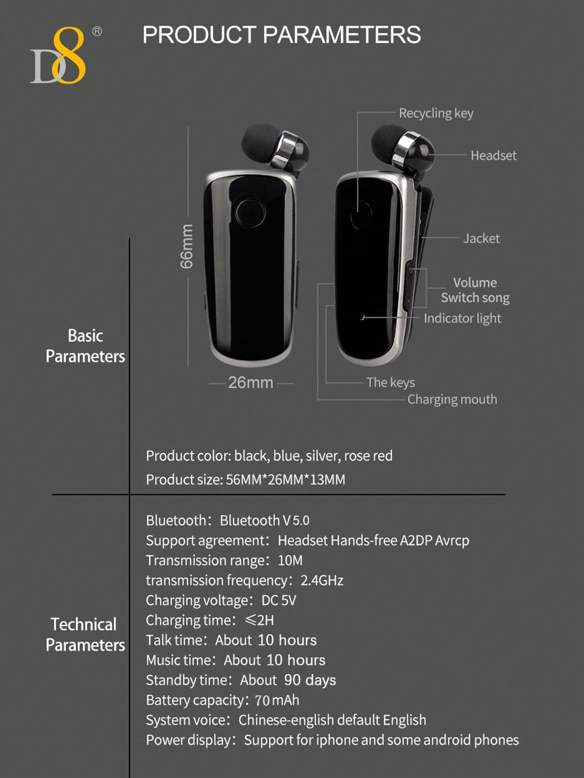 D8 Retractable Wireless Headset, V5.0 Noise-Canceling Clip-On Earbud, 10H Talk
