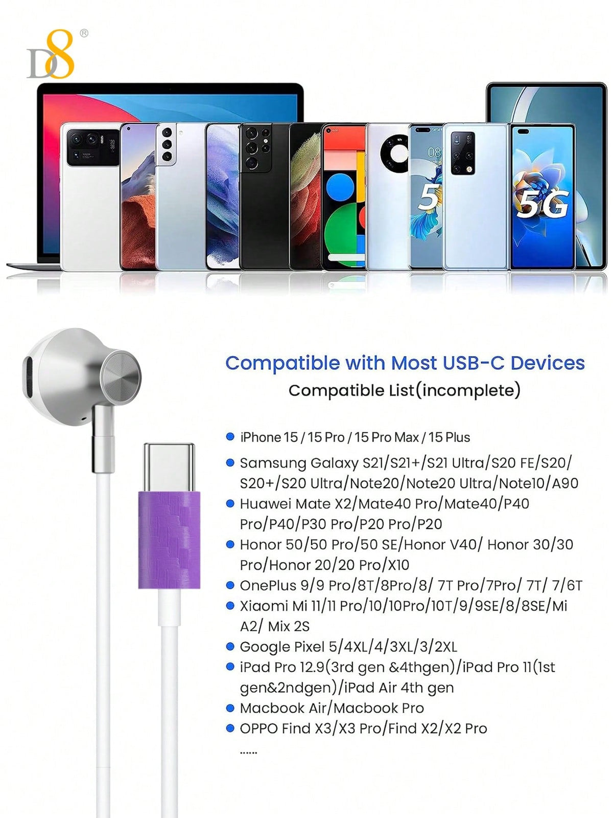 D8 Type-C In-Ear Headphones – Mic & Volume Control for iPhone 16, Galaxy S23