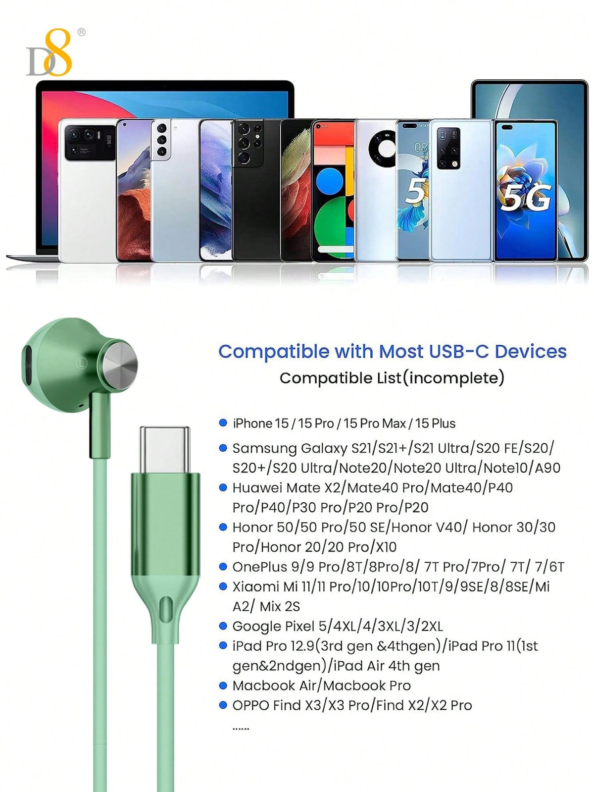 D8 USB-C In-Ear Headphones, Mic & Volume Control for iPhone/Galaxy/iPad