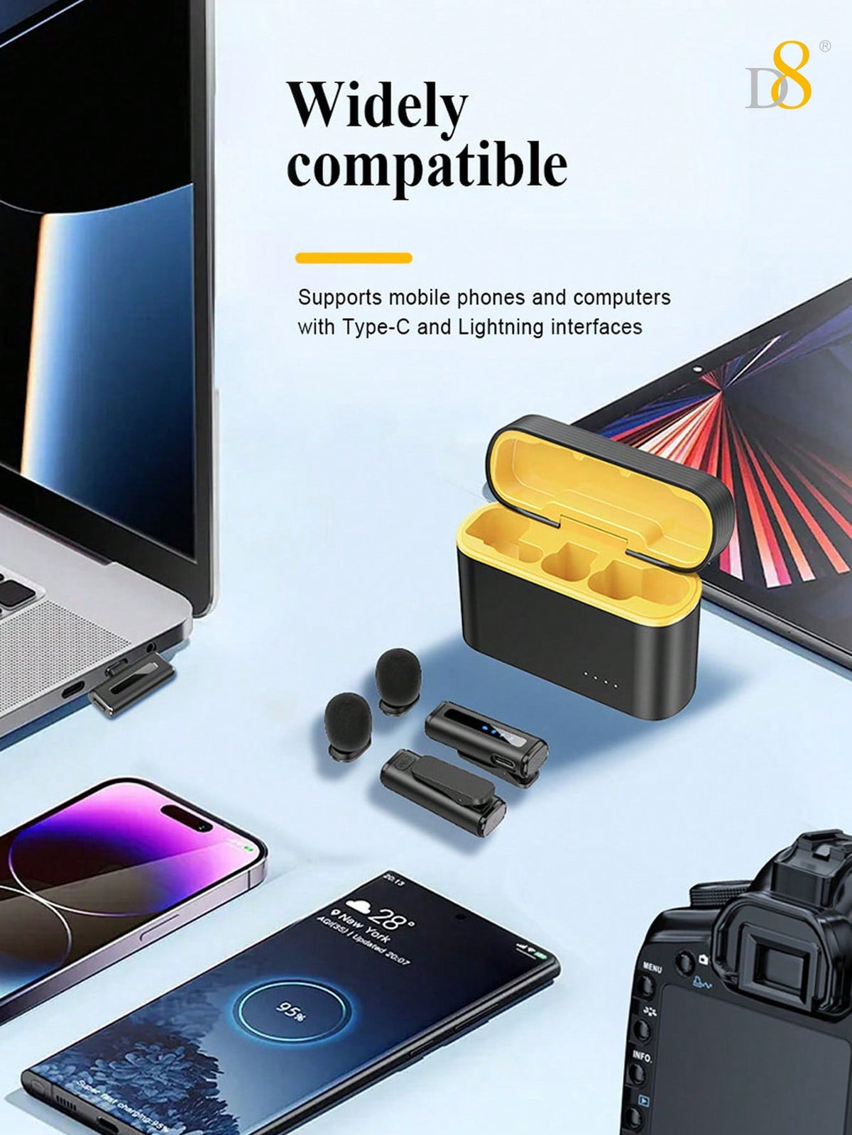 D8 Wireless Lavalier Mic, Auto Sync, Noise Reduction, 24H Battery