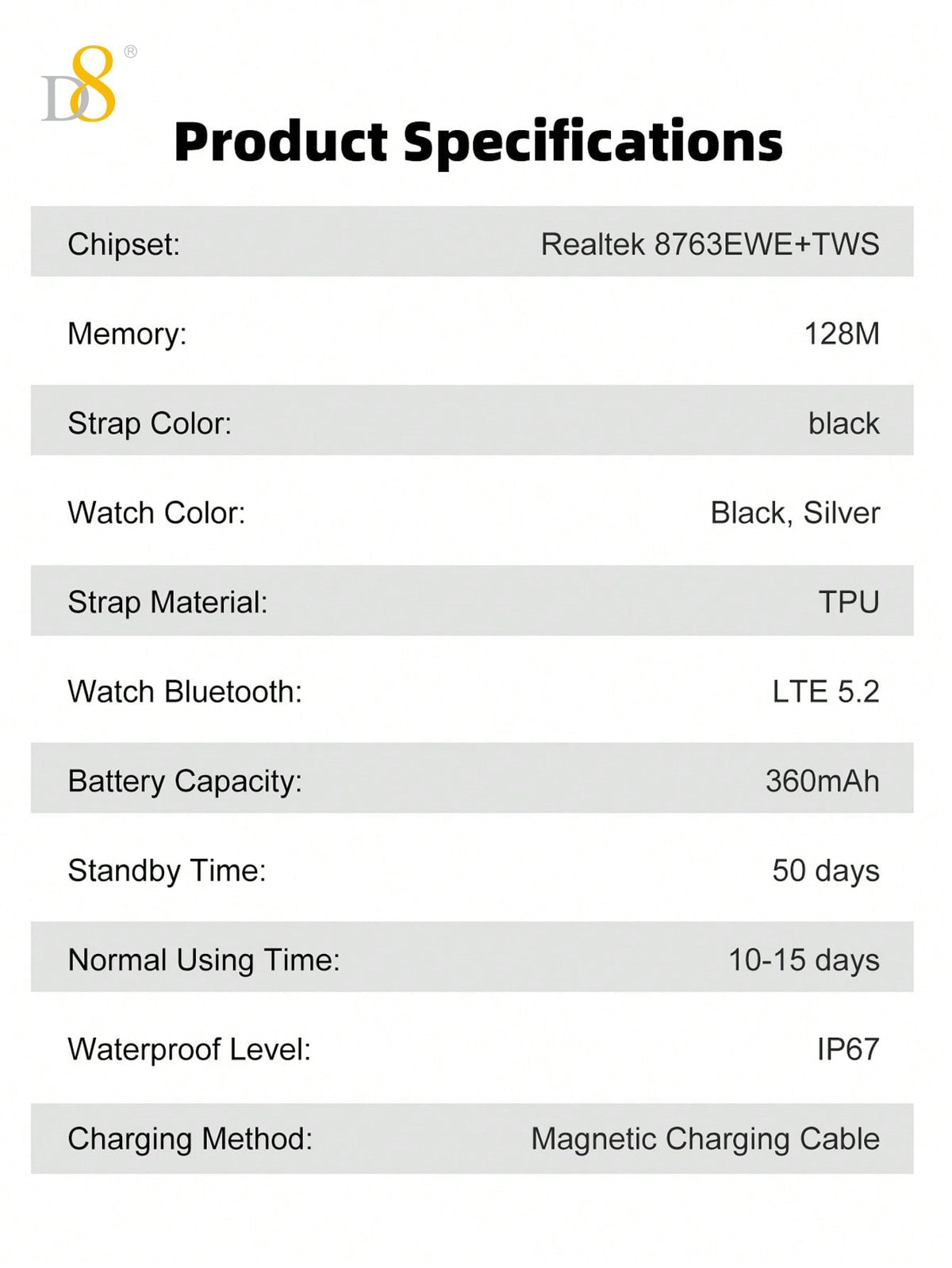 D8 Smart Watch with Earbuds – 1.46" HD Touch Screen, 110+ Fitness Modes, Call/Dial, Waterproof, iOS/Android