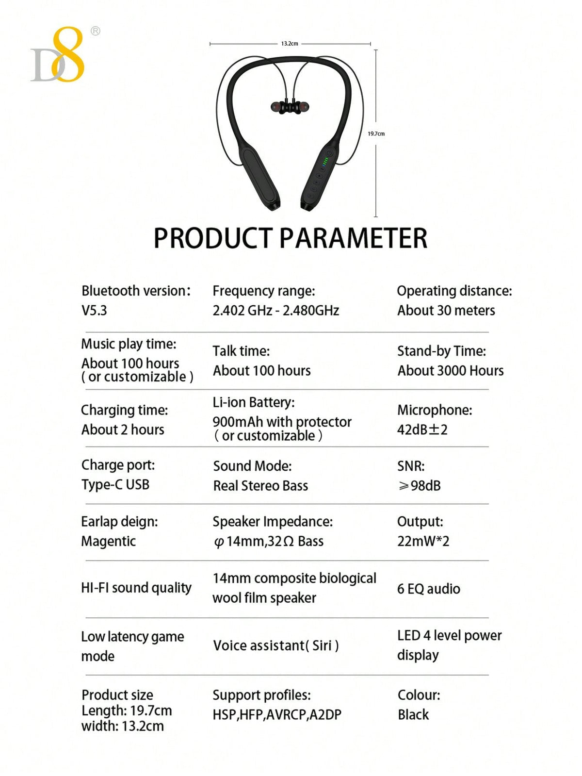 D8 Neckband Headphones, 100H Playback, Mic, Waterproof, Stereo Sound