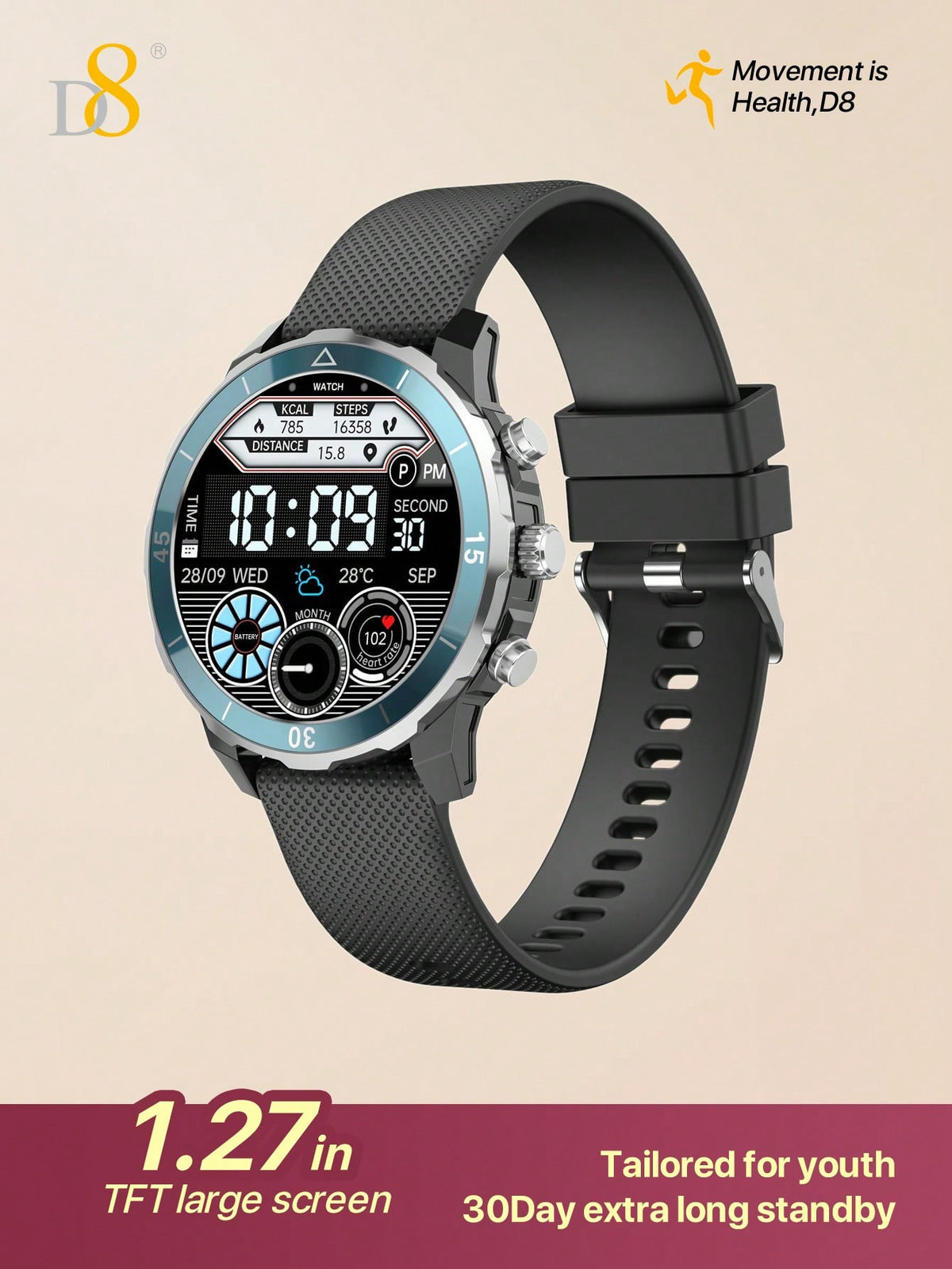 Dynamic8 Smart Watch – All-Day Fitness Tracker, Waterproof Design, Sleep & Call Monitoring (Unisex)