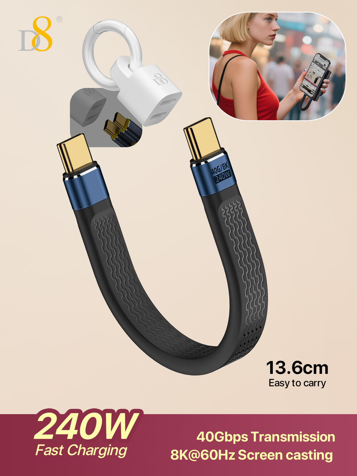D8 USB4 Type-C Flat Cable – 240W Fast Charge, 40Gbps Data, 8K Video, 13cm