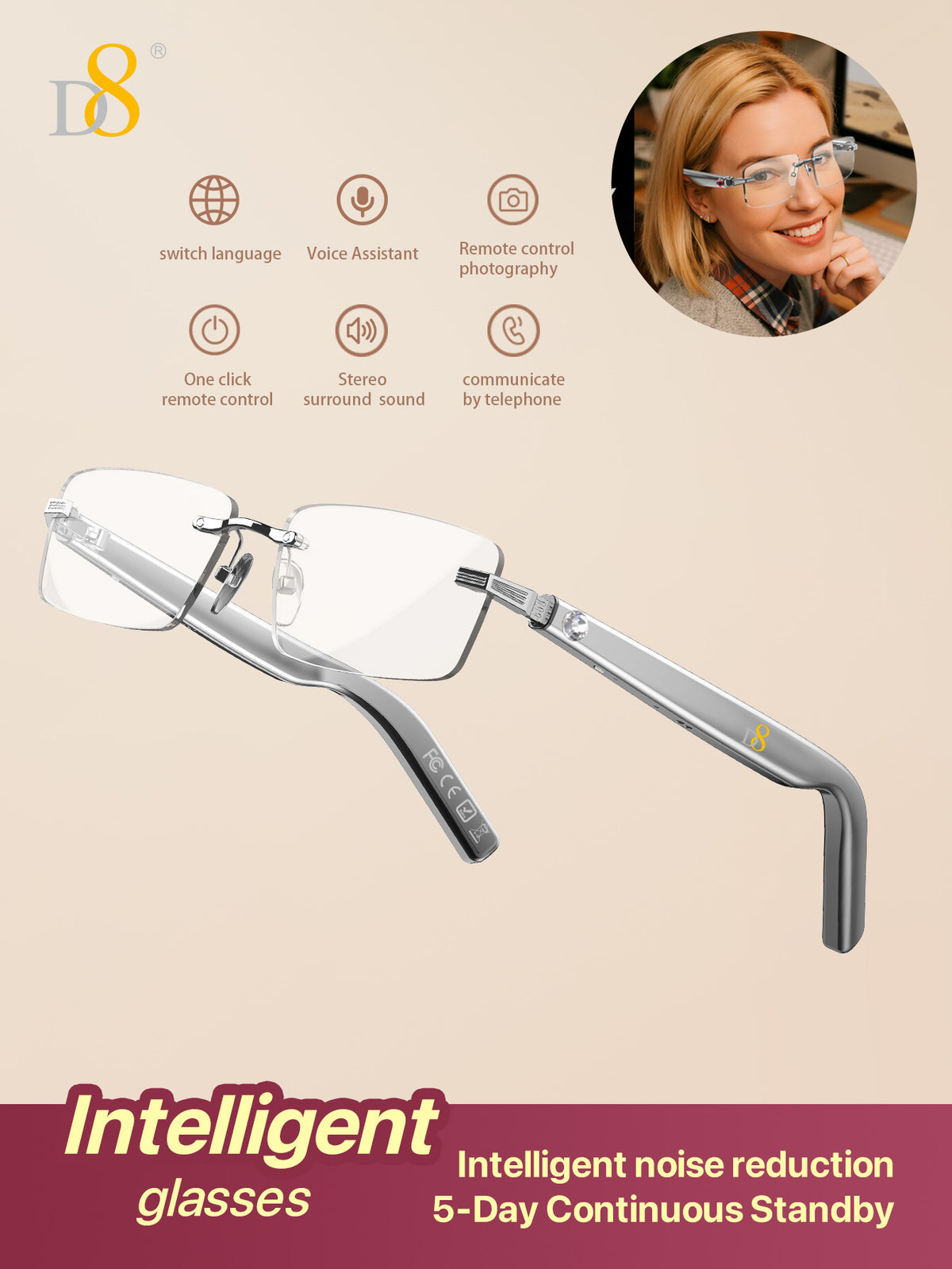 D8 Smart Bluetooth Glasses – Women’s Photochromic Blue Light Office Reading Glasses