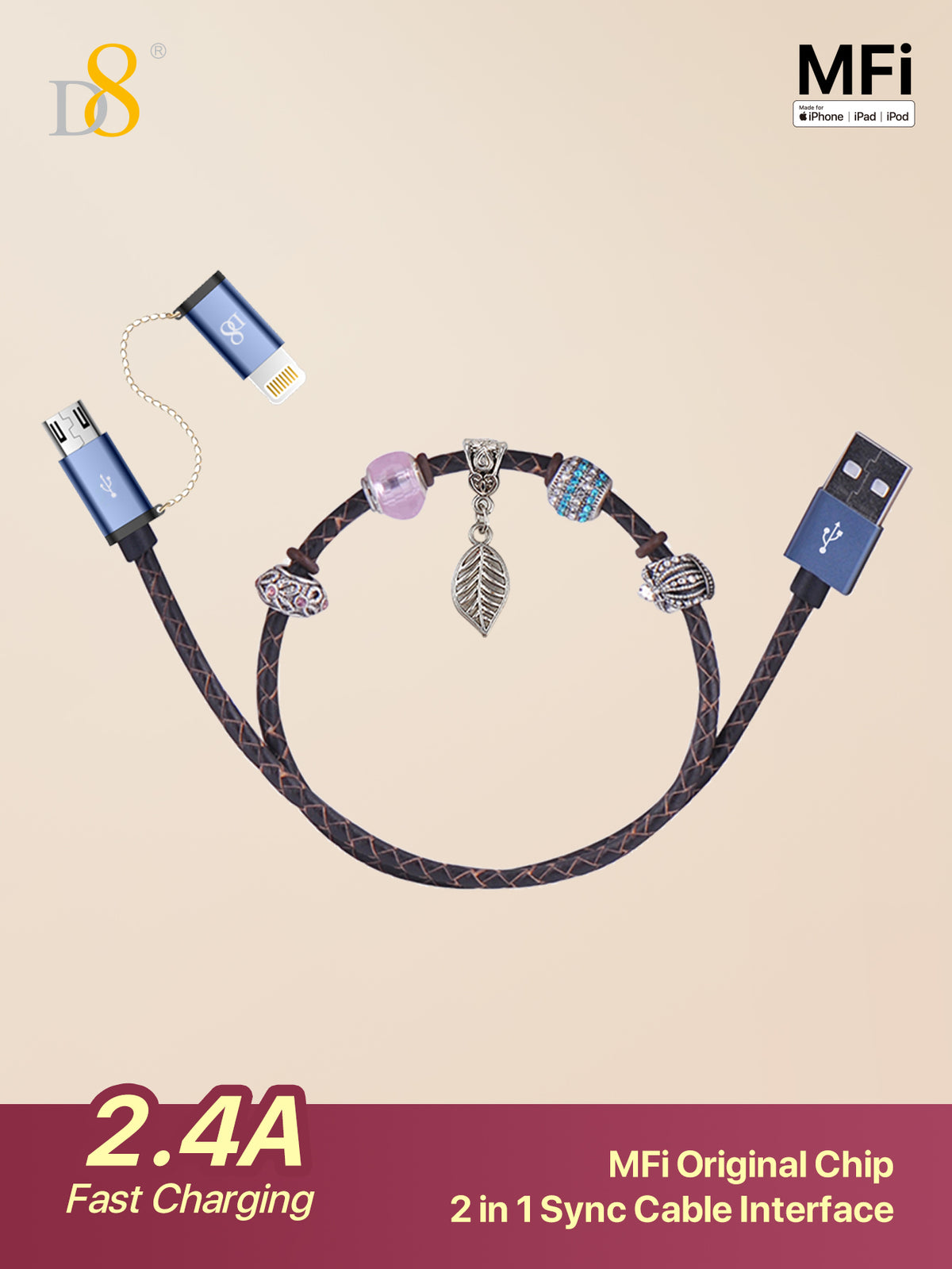 Travel-friendly Dynamic8 beaded handmade Lightning cable, Apple MFi certified fast charging