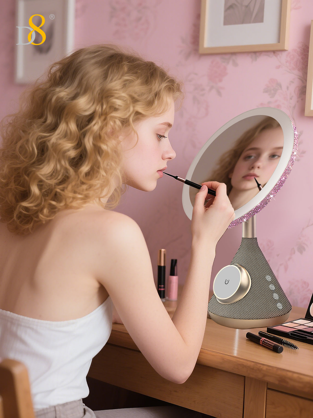 D8 Magnetic Vanity Mirror – 15W Wireless Charger, LED Light, Bluetooth Speaker for iPhone