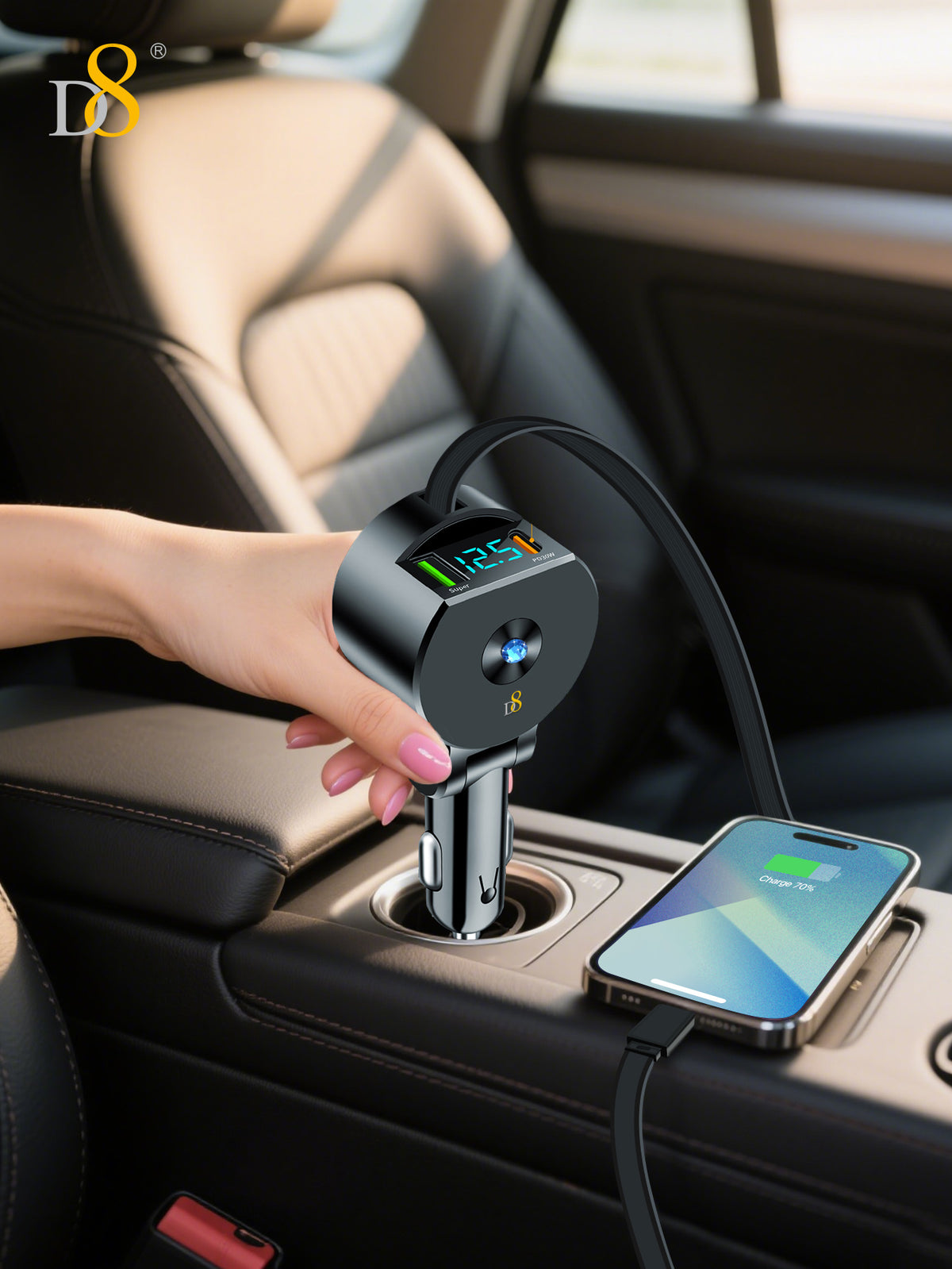 D8 3-in-1 Retractable Car Charger – 30W PD & QC3.0 Fast Charging for iPhone, Samsung, iPad
