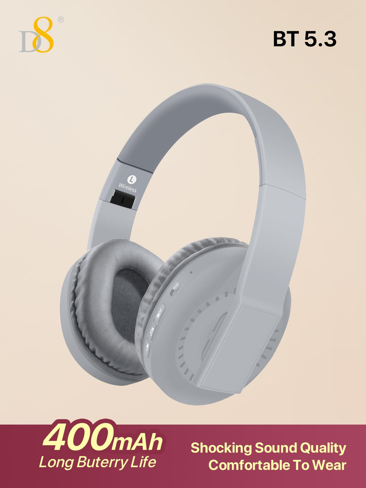 D8 Foldable Over-Ear Headphones, Wireless/Wired, Mic, Deep Bass, 10H Playtime