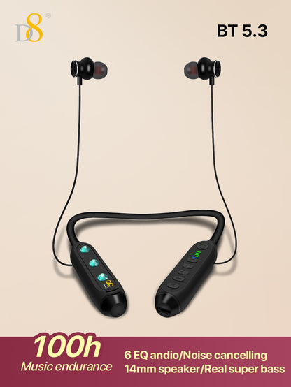 D8 Neckband Wireless Headphones – 100H Bluetooth, Waterproof, Mic