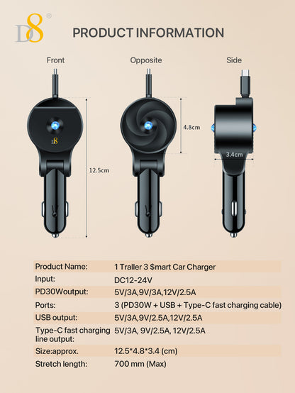 D8 3-in-1 Retractable Car Charger – 30W PD & QC3.0 Fast Charging for iPhone, Samsung, iPad