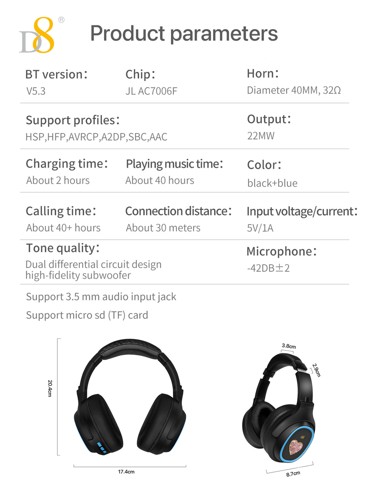 D8 Wireless Over-Ear Headphones – Deep Bass, Mic, 3.5mm & SD Slot