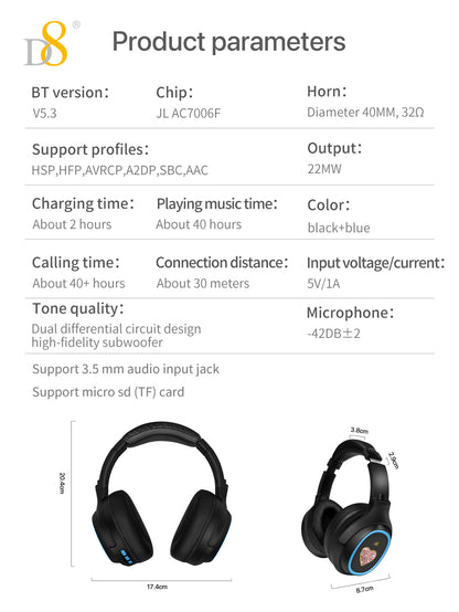 D8 Wireless Over-Ear Headphones – Deep Bass, Mic, 3.5mm & SD Slot