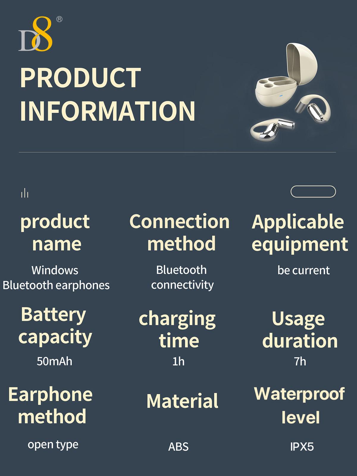 D8 Open-Ear Wireless Earbuds – Bass Boost, 7H Battery, IPX5 Waterproof, Gaming Ready