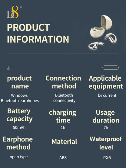 D8 Open-Ear Wireless Earbuds – Bass Boost, 7H Battery, IPX5 Waterproof, Gaming Ready