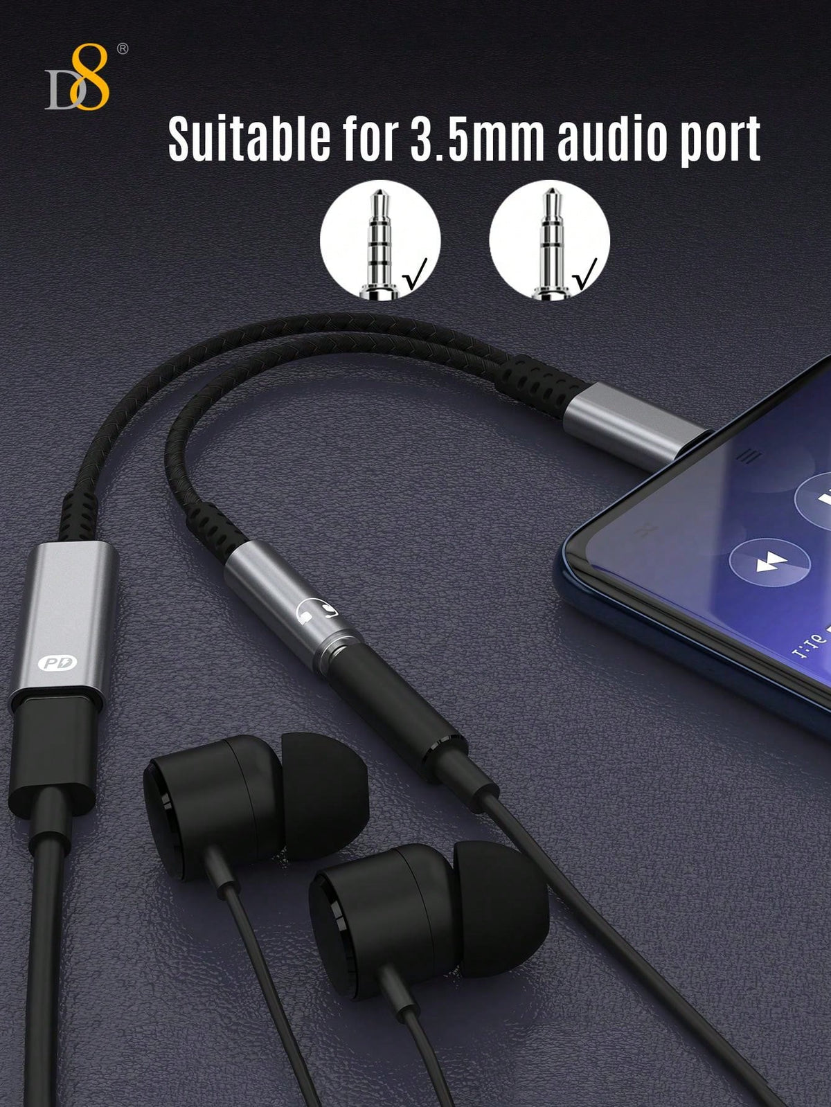 D8 USB-C to 3.5mm Headphone + Charger Adapter – 2-in-1 Dongle with 60W Fast Charging