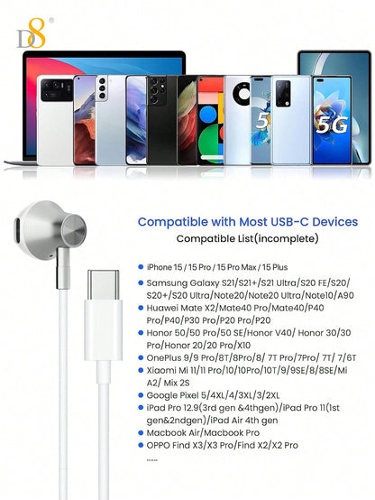 D8 Type-C Earbuds – In-Ear Headphones with Microphone & Volume Control for iPhone, iPad, Galaxy