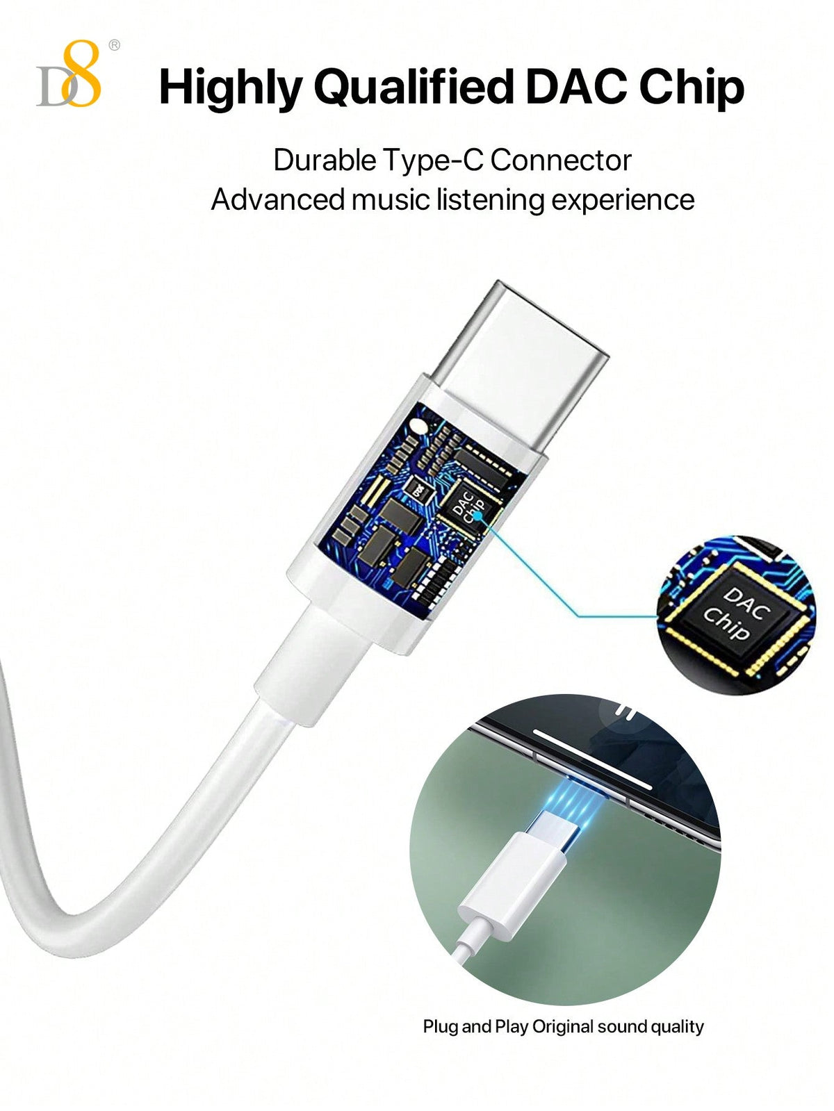 D8 Type-C Earbuds – In-Ear Headphones with Microphone & Volume Control for iPhone, iPad, Galaxy