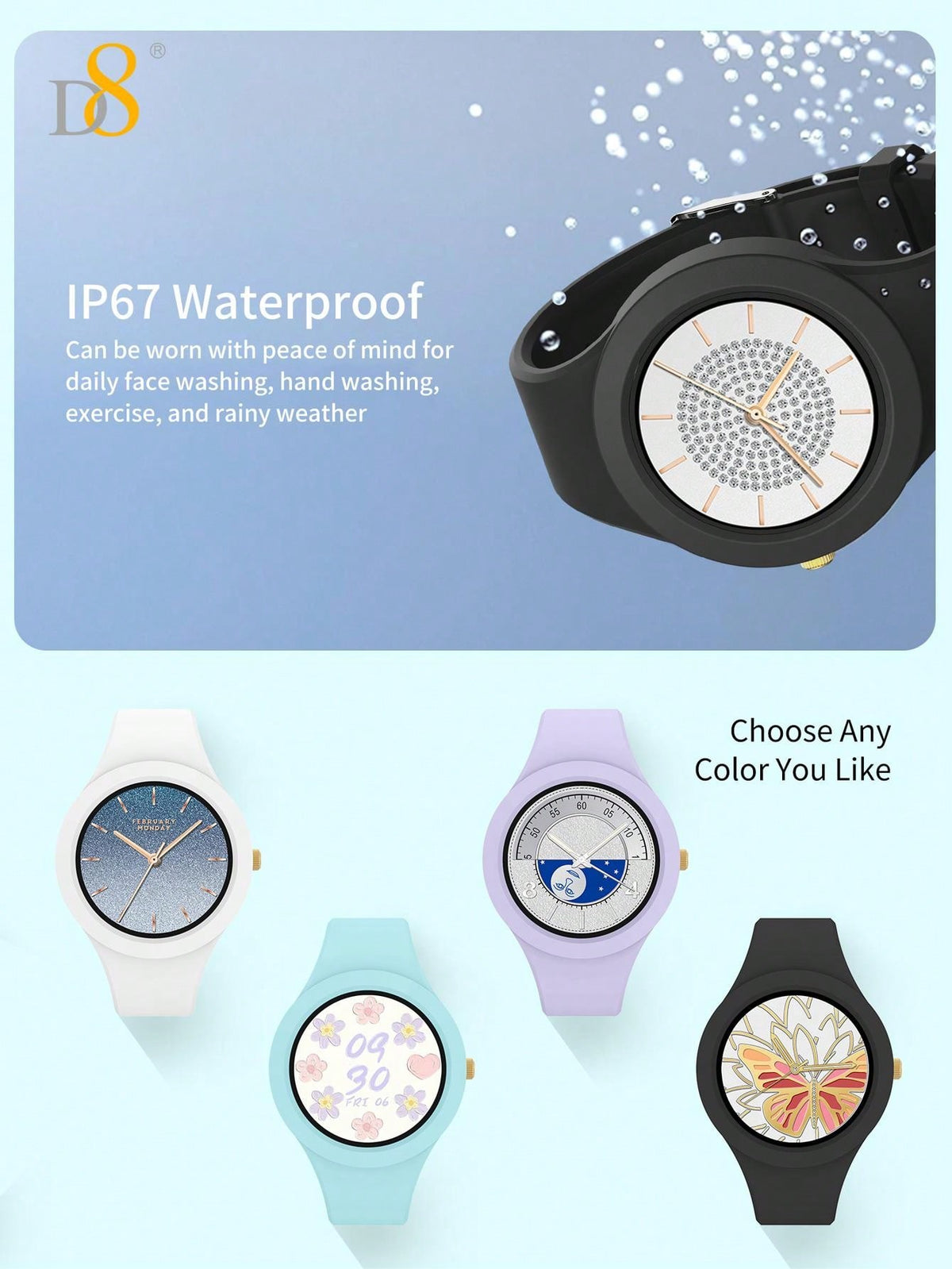 D8 Smart Watch – Heart Rate & Sleep Tracker, IP67 Waterproof, Full Touch, Activity Tracker for Android & iOS