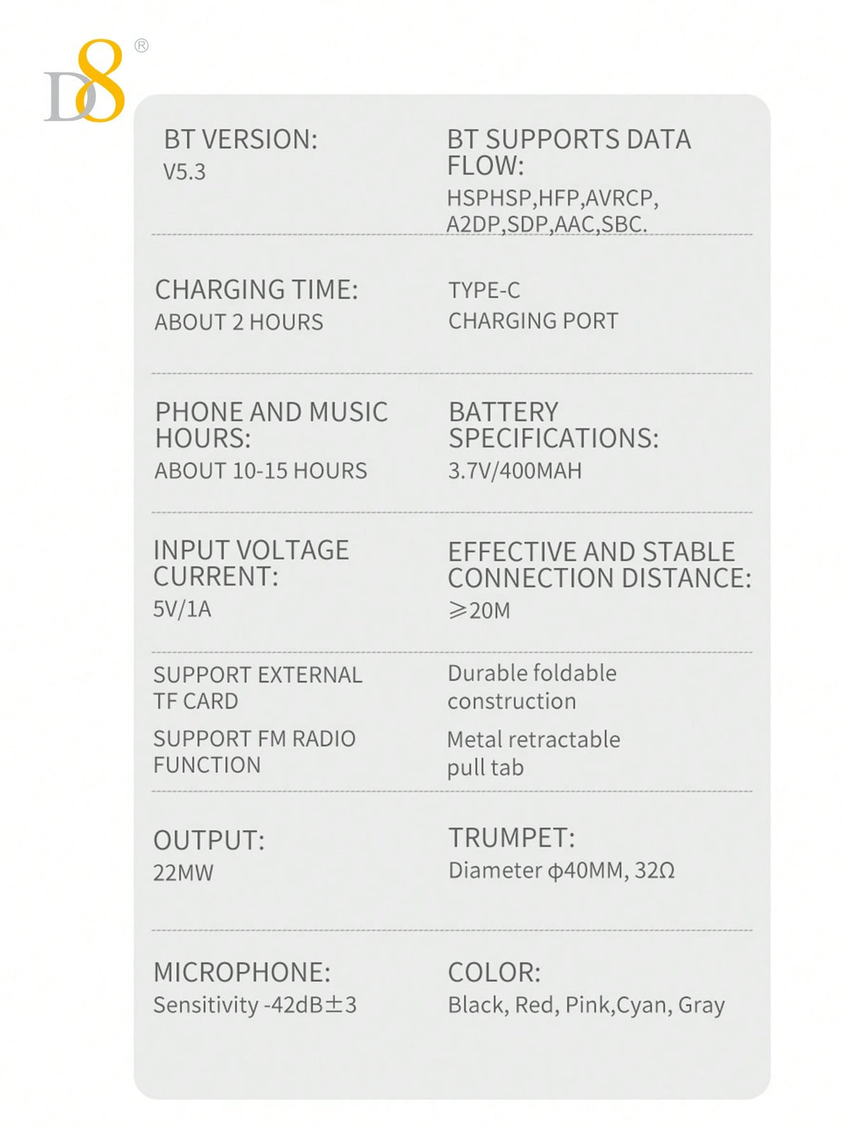 D8 Foldable Over-Ear Headphones, Wireless/Wired, Mic, Deep Bass, 10H Playtime