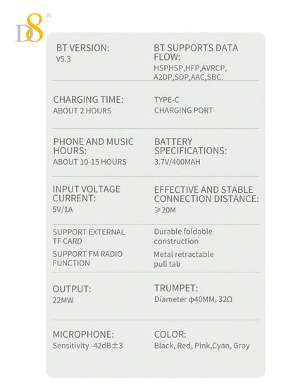 D8 Foldable Over-Ear Headphones, Wireless/Wired, Mic, Deep Bass, 10H Playtime