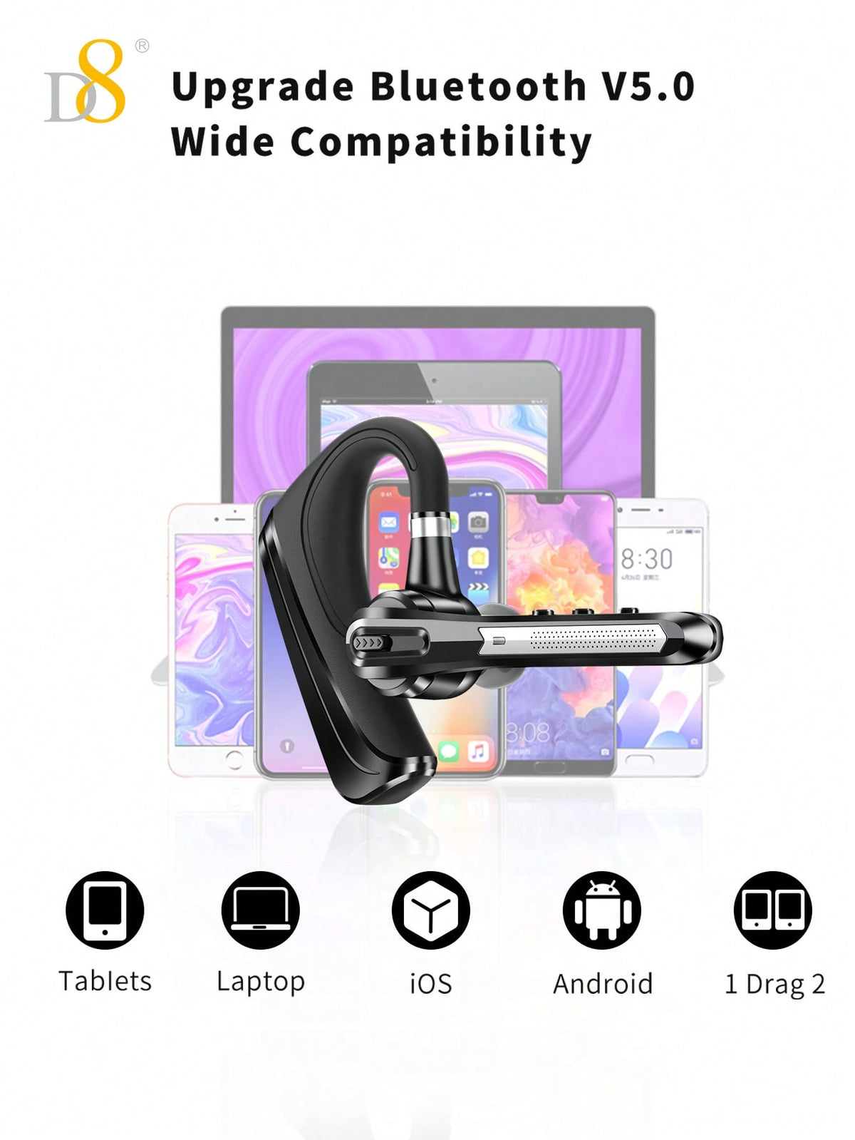D8 TWS Noise-Canceling Wireless Earbuds, 16H Playtime, LED, Mic, Android/iOS
