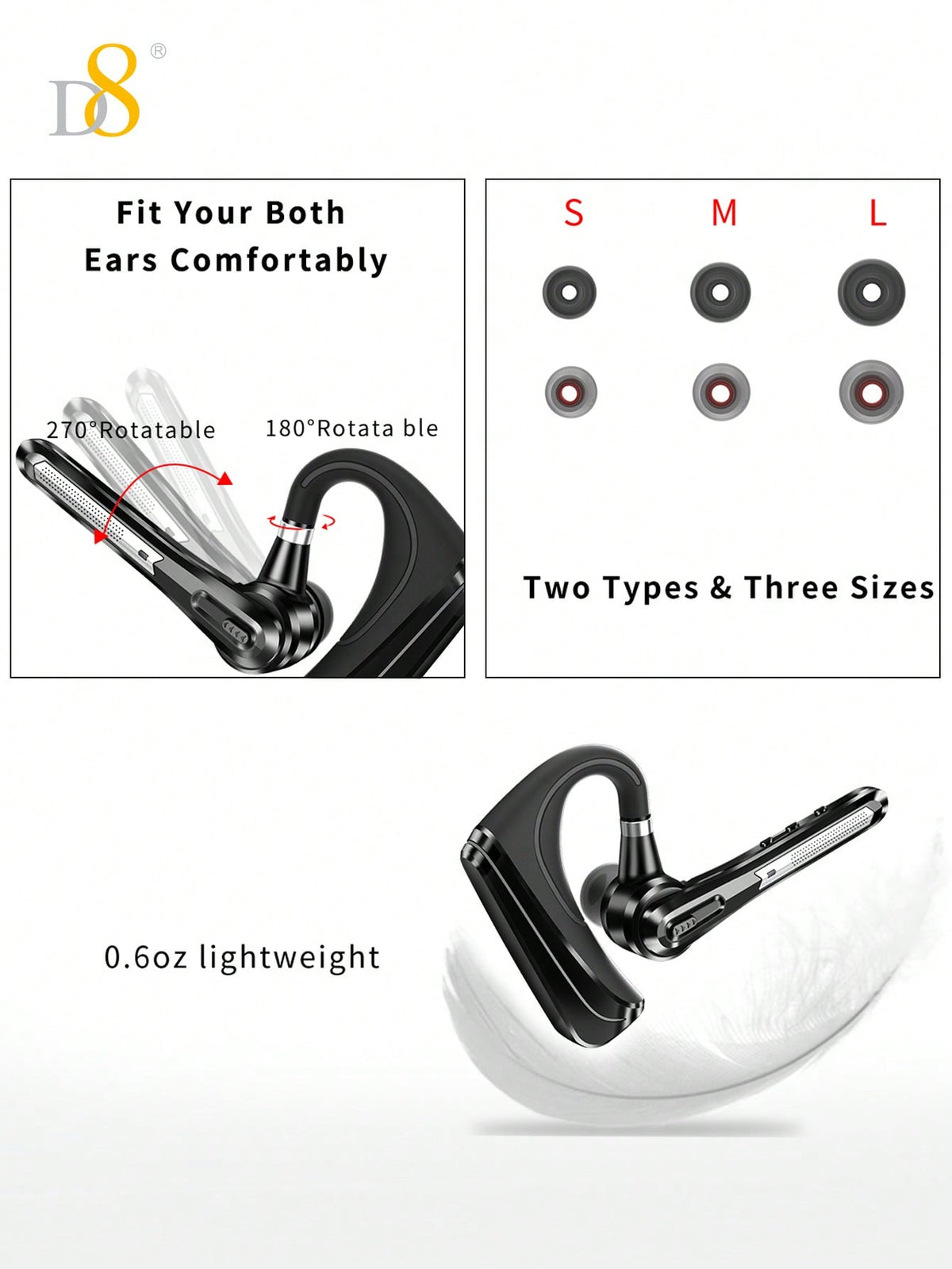 D8 TWS Noise-Canceling Wireless Earbuds, 16H Playtime, LED, Mic, Android/iOS