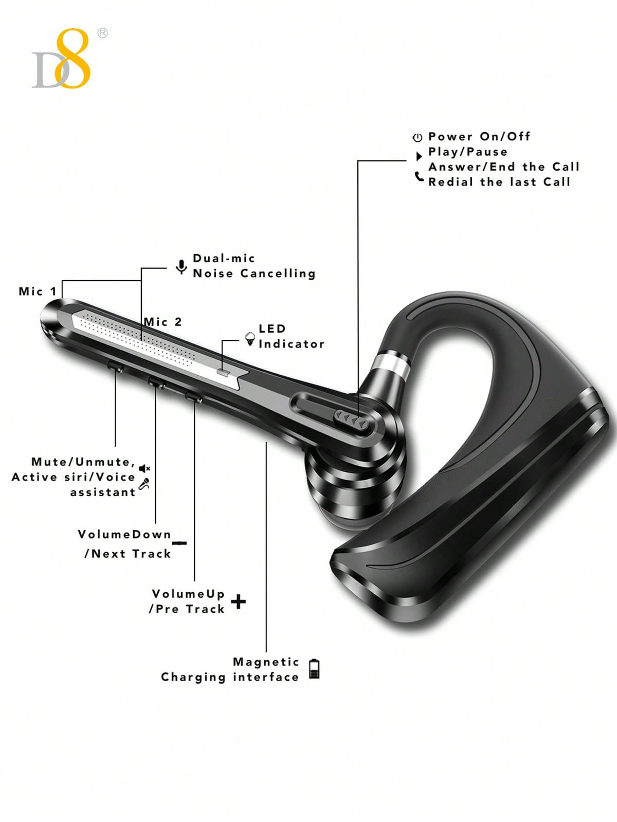 D8 TWS Noise-Canceling Wireless Earbuds, 16H Playtime, LED, Mic, Android/iOS