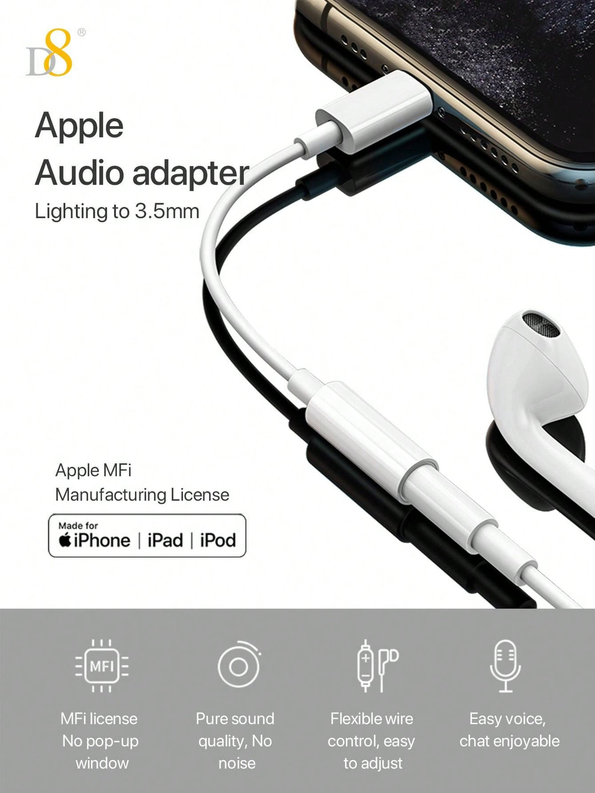 D8 3.5mm Audio + Charger Cable Adapter for iPhone – 2-in-1 Lightning Dongle for iPhone 15/14/13/12
