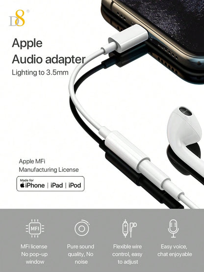D8 3.5mm Audio + Charger Cable Adapter for iPhone – 2-in-1 Lightning Dongle for iPhone 15/14/13/12