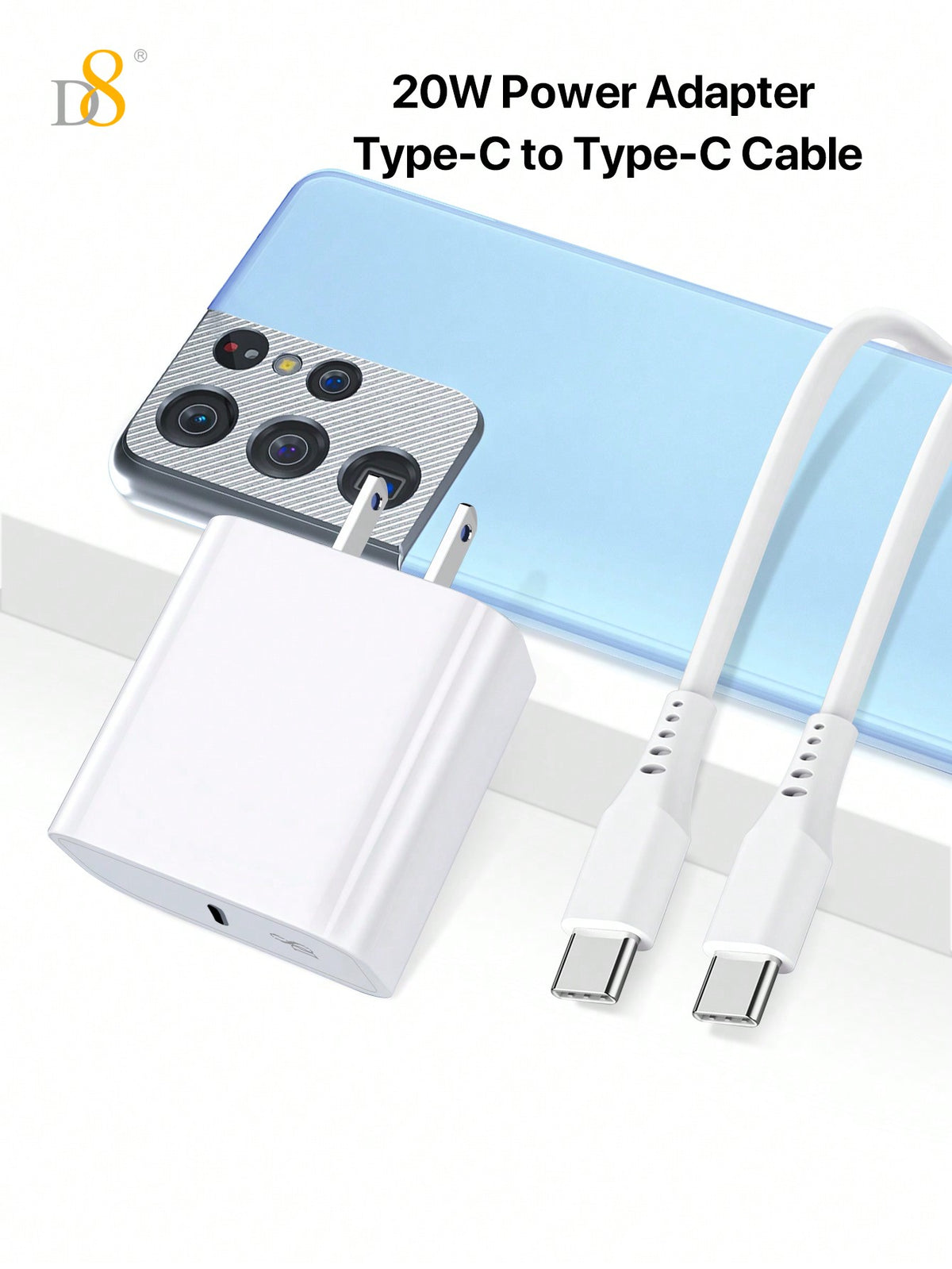 D8 20W USB-C Fast Charger + USB-C to USB-C Cable – ETL Listed, Compact & Travel-Ready