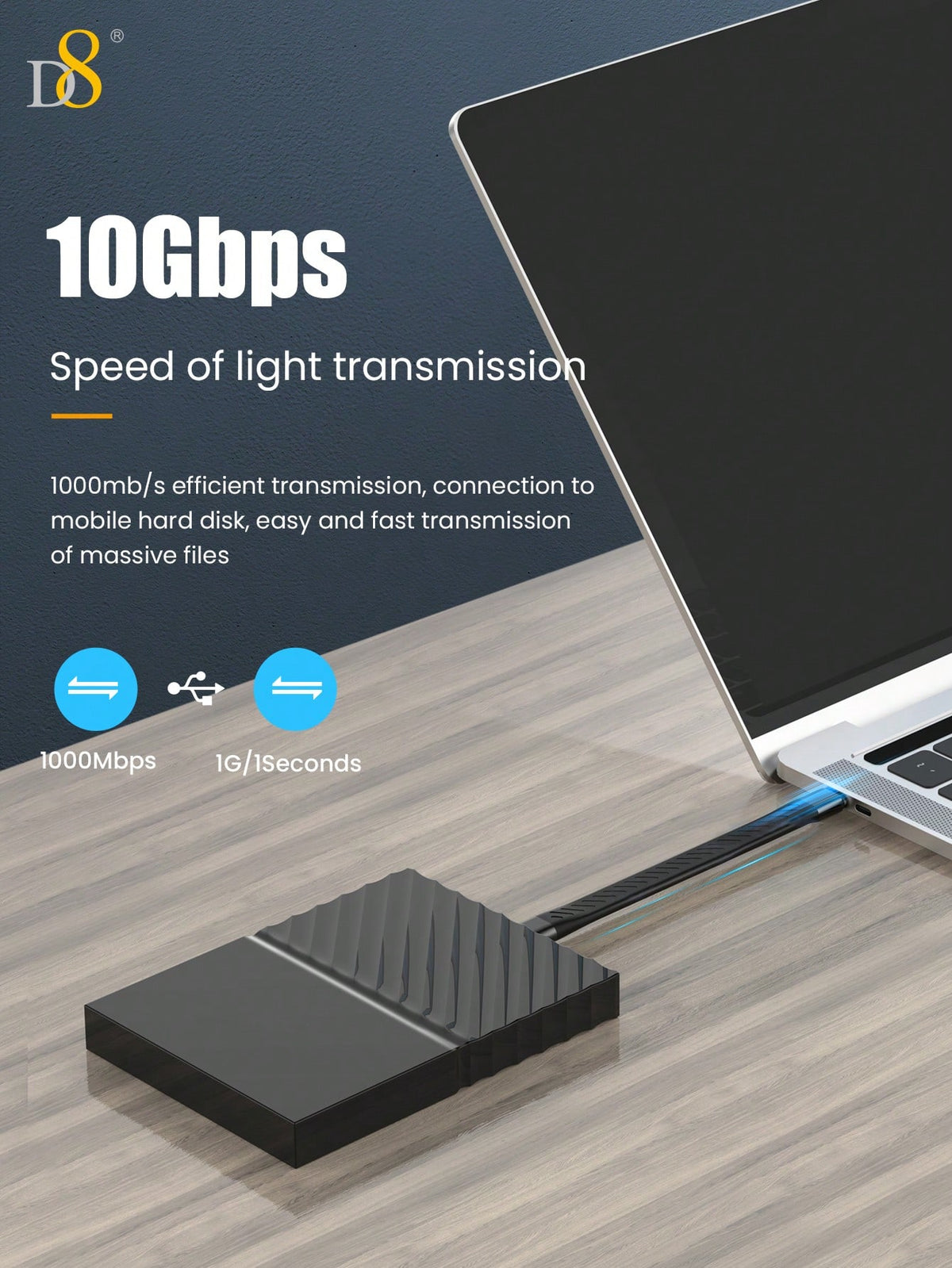 D8 USB-C 3.1 Gen 2 Cable – 10Gbps Data Transfer, 4K Video Output, 60W PD Fast Charging