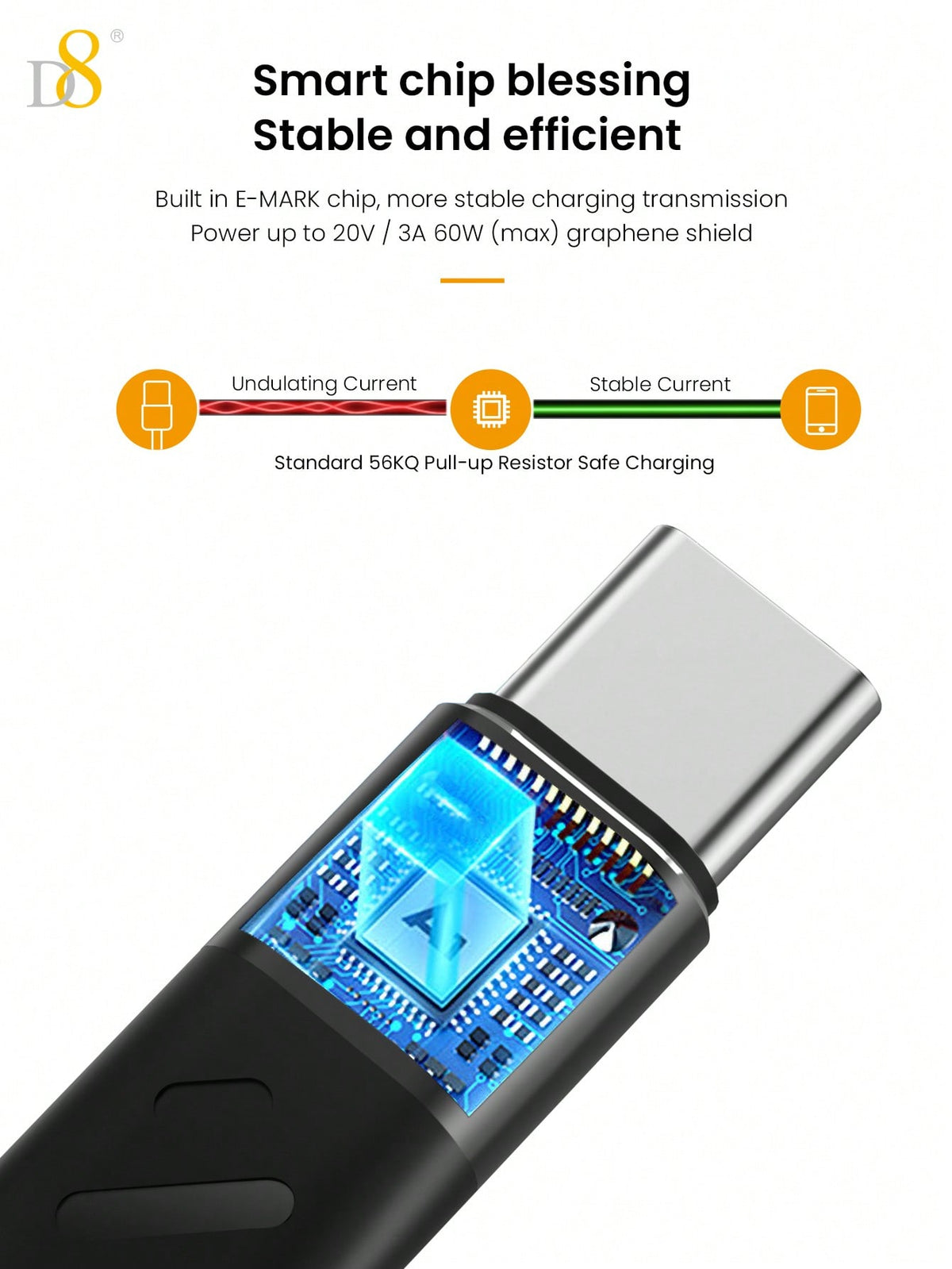 D8 USB-C 3.1 Gen 2 Cable – 10Gbps Data Transfer, 4K Video Output, 60W PD Fast Charging