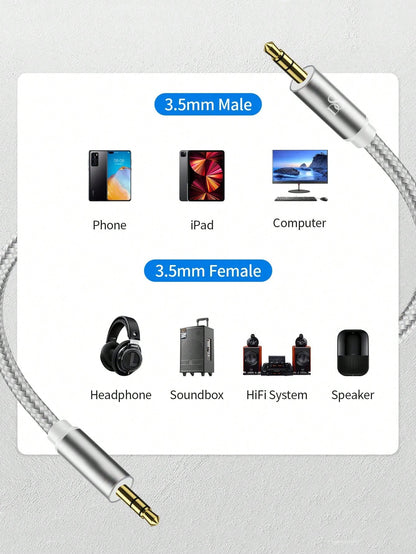 D8 1M Auxiliary Cable – Male to Male 3.5mm Audio Cable for Car, Headphones, Speakers