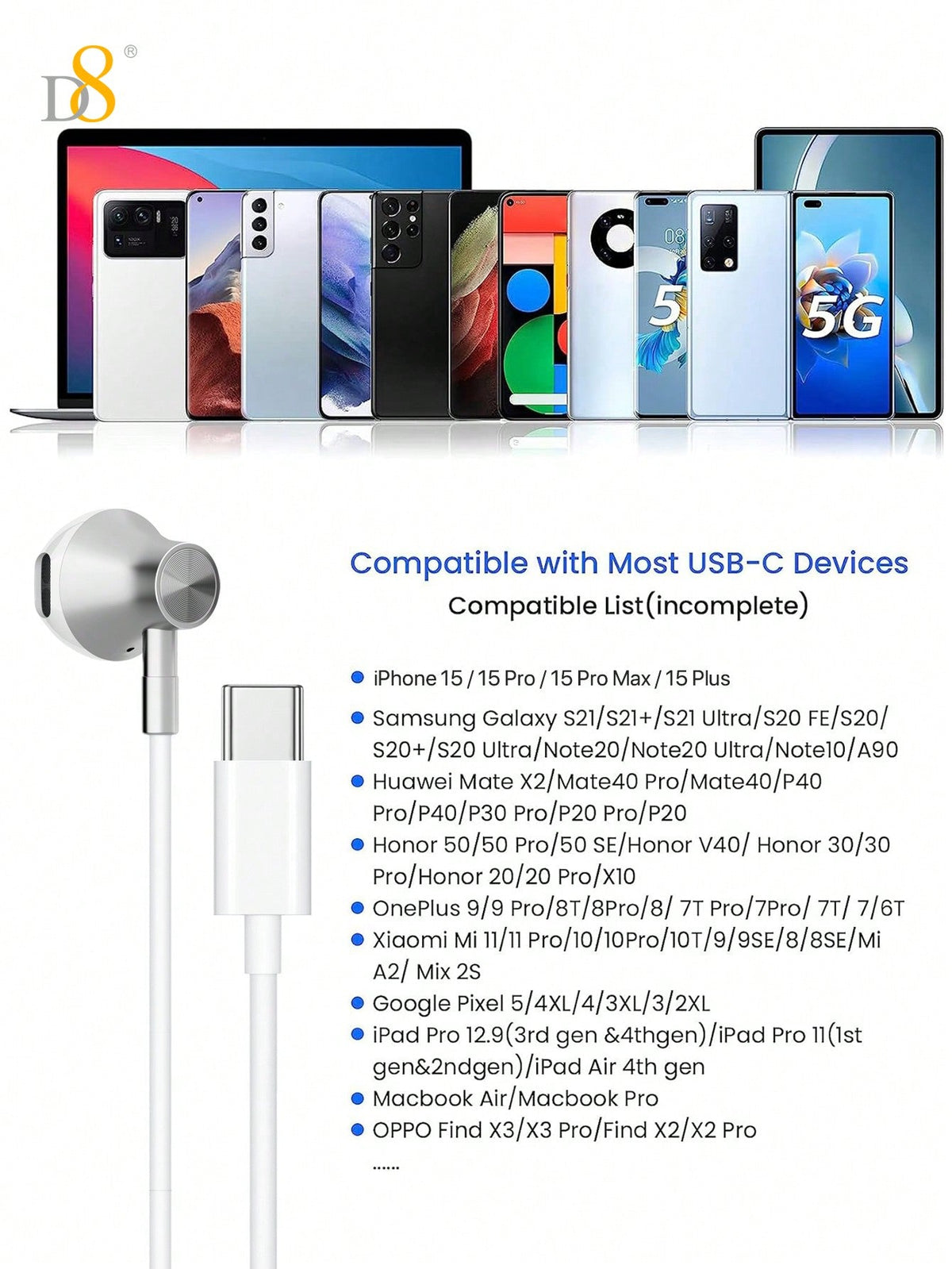 D8 2-Pack USB Type-C In-Ear Headphones – Mic & Volume Control for iPhone, iPad, Galaxy S23