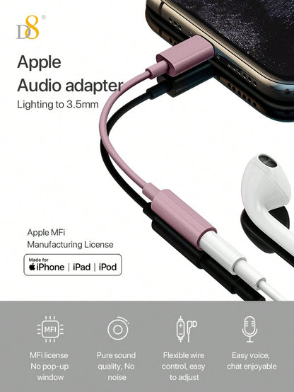 D8 MFi Lightning to 3.5mm Audio Adapter, HiFi DAC Stereo Mic Earphone Dongle