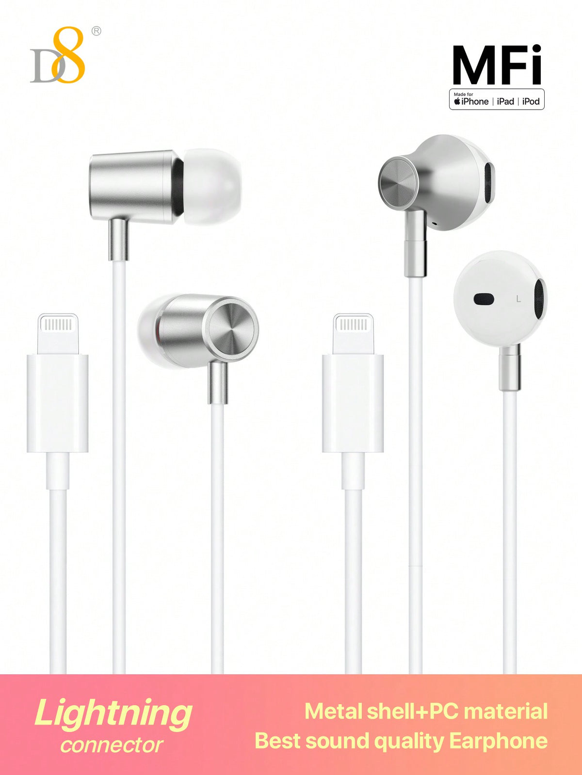 D8 MFi Certified Lightning Earbuds (2-Pack) – With Mic & Controller for iPhone