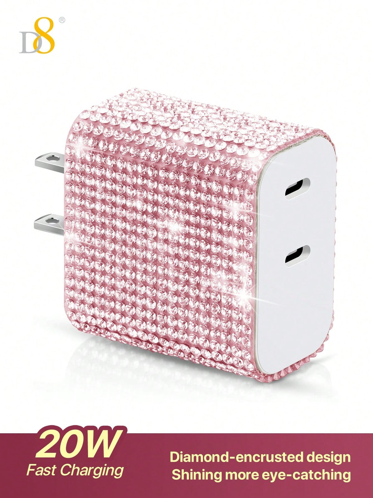 D8 20W USB-C Wall Charger, Dual Port PD Fast Charge, Crystal Design, iPhone/Galaxy