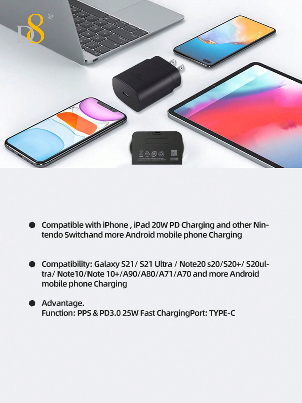 D8 1-Pack iPhone 15 Charger Fast Charging 25W USB C, 3.3FT Cable, Compatible with iPhone 16, iPad, Galaxy