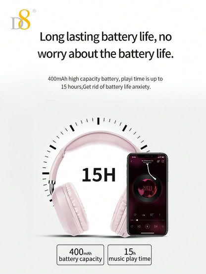 D8 Retractable Over-Ear Headphones – Wireless & Wired, 15H Playtime, Foldable, Built-In Mic & SD Slot