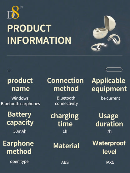 D8 Open-Ear Sport Headphones, 5.2 Stereo, Bass Boost, 7H Playtime, IPX5