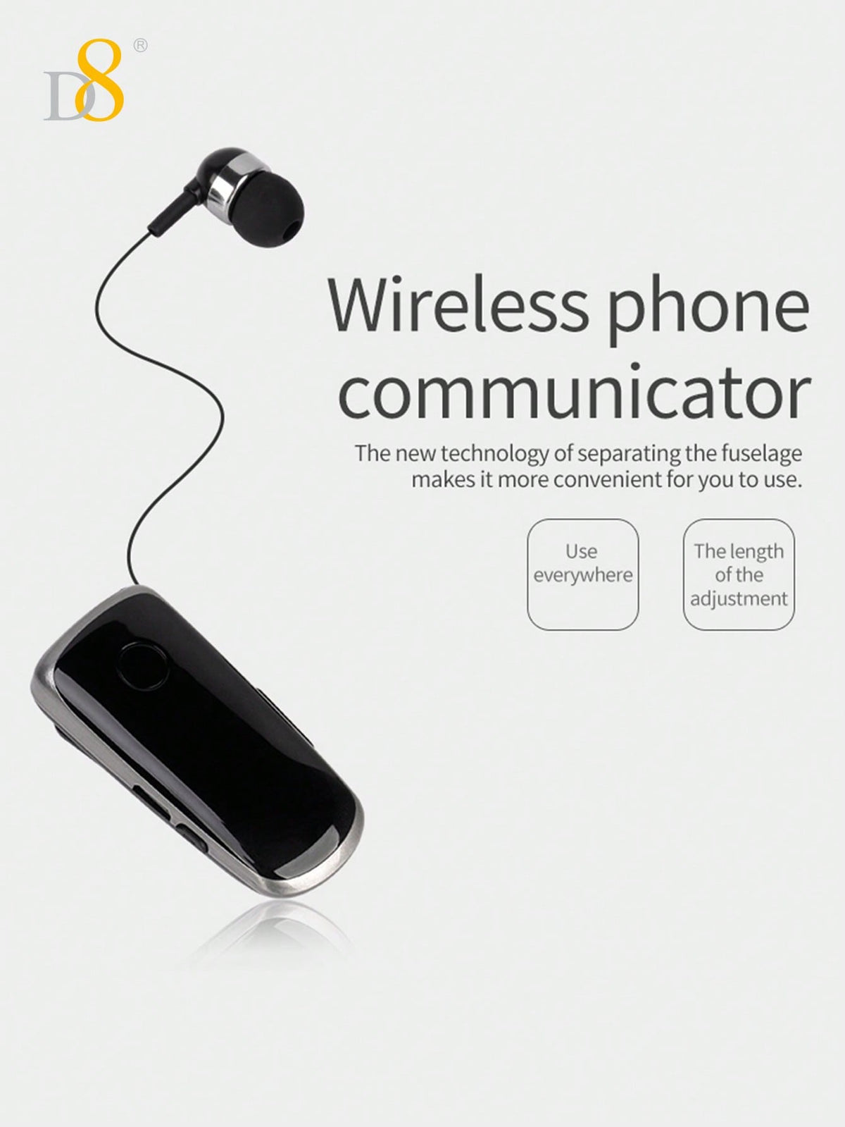 D8 Retractable Wireless Headset, V5.0 Noise-Canceling Clip-On Earbud, 10H Talk