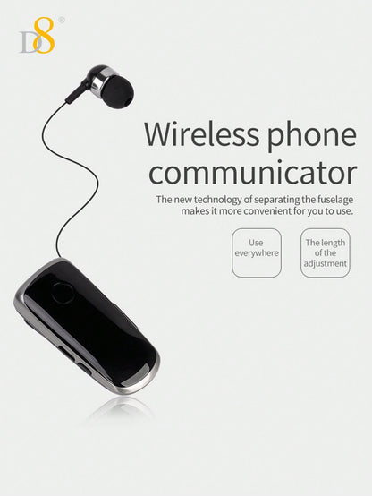 D8 Retractable Wireless Headset, V5.0 Noise-Canceling Clip-On Earbud, 10H Talk