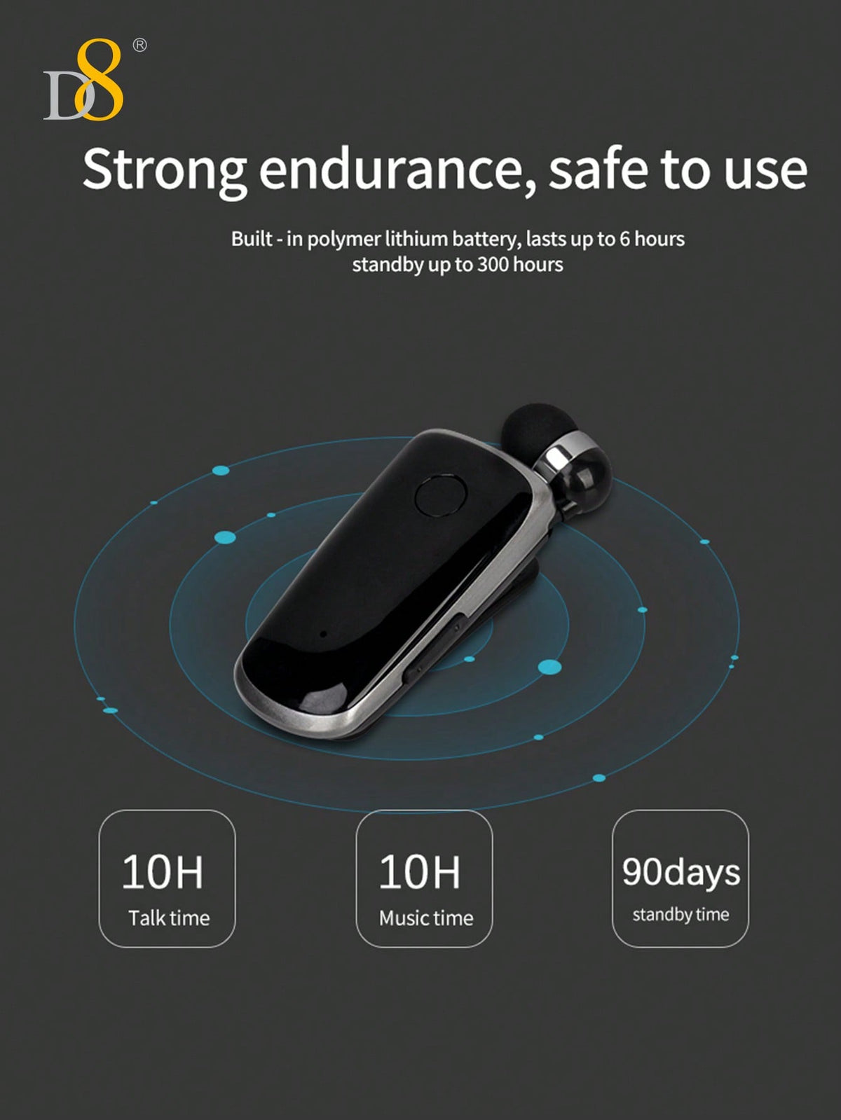 D8 Retractable Wireless Headset, V5.0 Noise-Canceling Clip-On Earbud, 10H Talk
