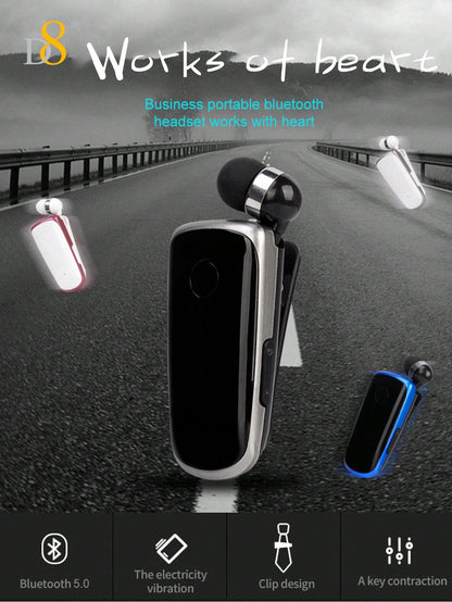 D8 Retractable Wireless Headset, V5.0 Noise-Canceling Clip-On Earbud, 10H Talk