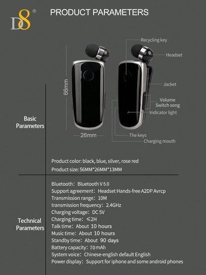 D8 Retractable Wireless Headset, V5.0 Noise-Canceling Clip-On Earbud, 10H Talk