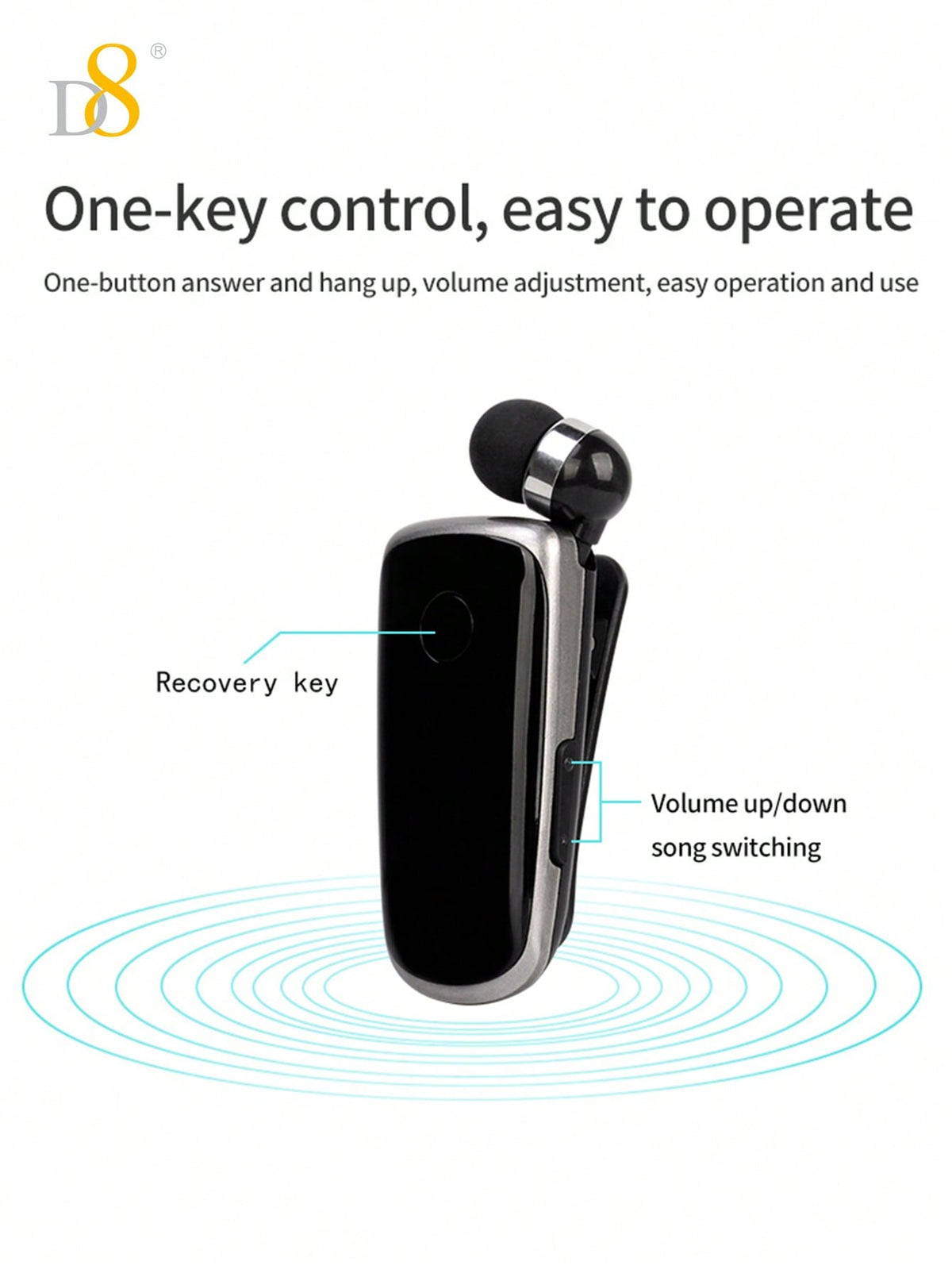 D8 Retractable Wireless Headset, V5.0 Noise-Canceling Clip-On Earbud, 10H Talk