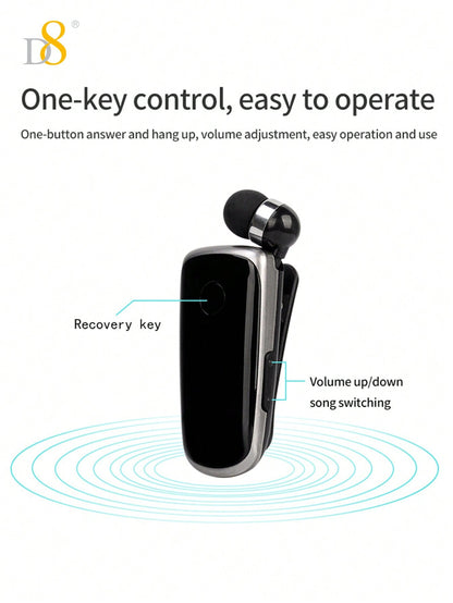 D8 Retractable Wireless Headset, V5.0 Noise-Canceling Clip-On Earbud, 10H Talk