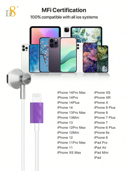 D8 Lightning Connector Headphones with Mic & Remote – MFi Certified Wired Earbuds