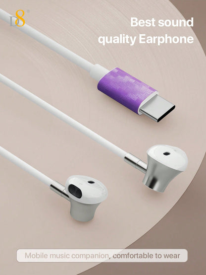 D8 Type-C In-Ear Headphones – Mic & Volume Control for iPhone 16, Galaxy S23